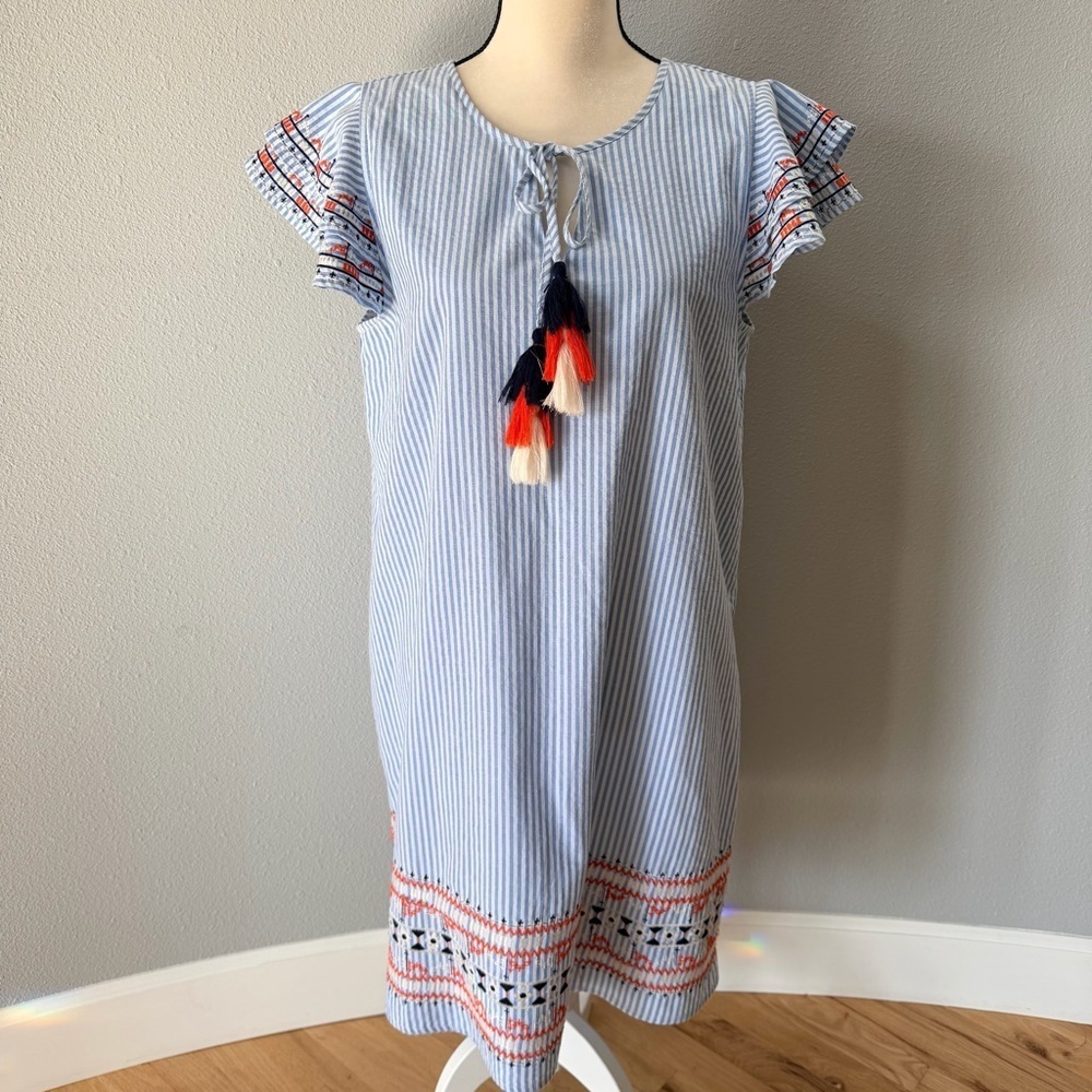 THML Blue and White Striped Cotton Sun Dress with Tassels & Embroidered Details